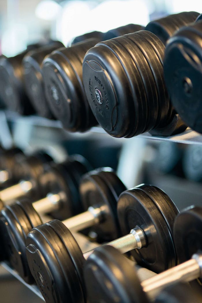 hero-img-01 Close-up view of black dumbbells neatly arranged on a rack in a gym.